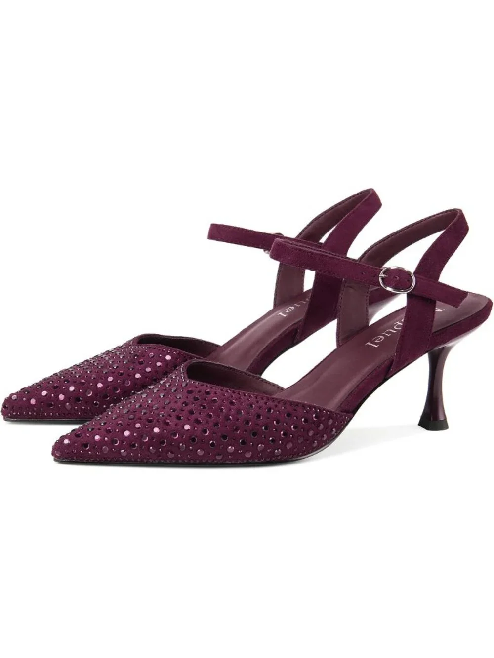Women's Burgundy Faux Suede Rhinestone Ankle Strap Closed Toe Kitten Heels Pumps